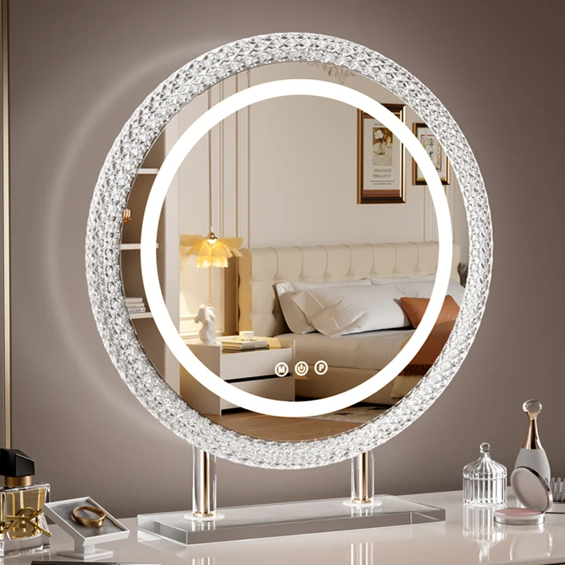 

Makeup mirror with lamp led desktop dressing table mirror light luxury smart touch beauty acrylic crystal mirror