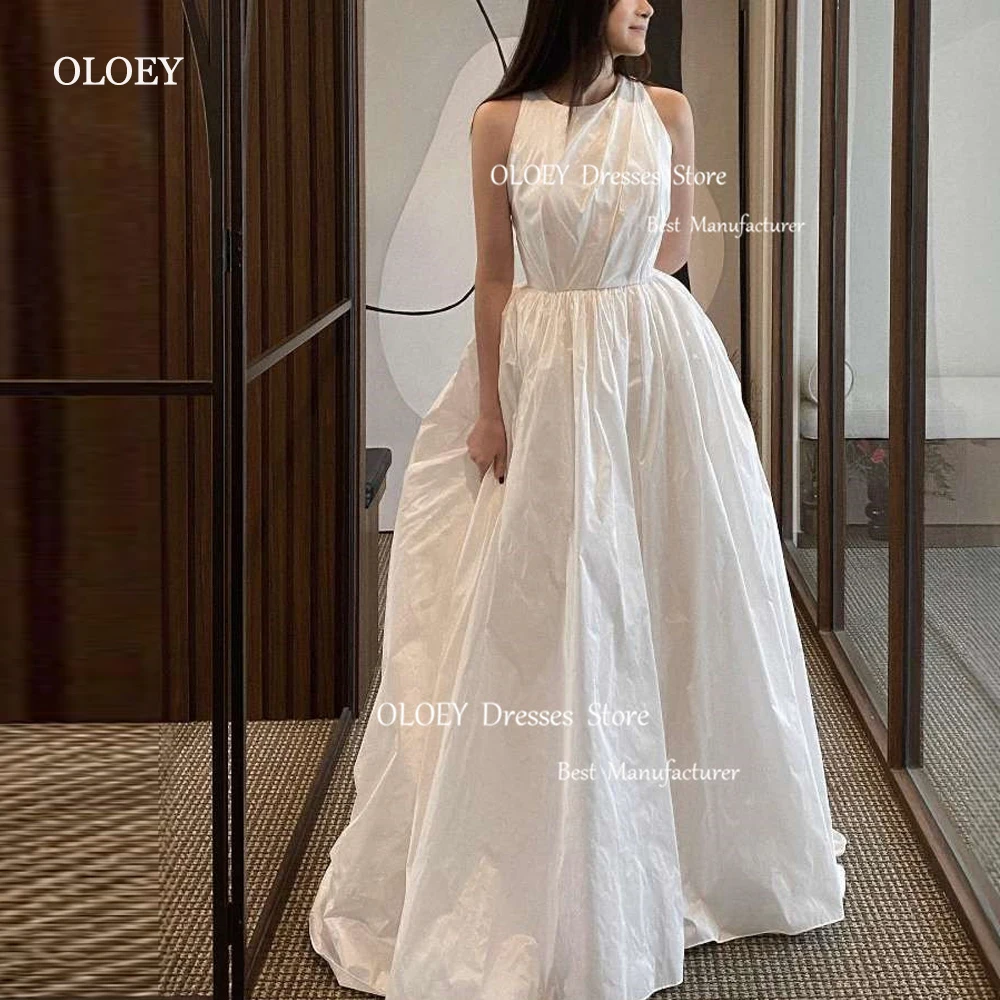 OLOEY-Robe de mariée coréenne en taffetas, ligne A simple, col rond, longueur au sol, pour les patients, quel que soit le lacet dans le dos, grande taille