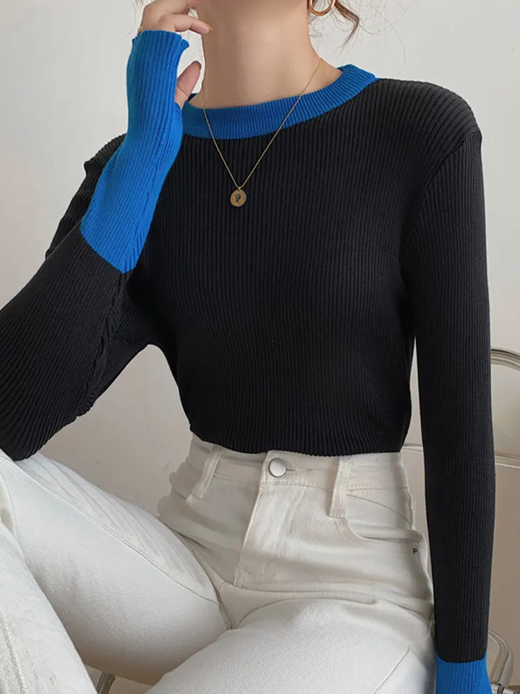Damskie swetry dziergane jesienno-zimowa Patchwork Vintage sweter Femme wokół szyi wąski sweter Mujer 2022 Basi z długim rękawem Top