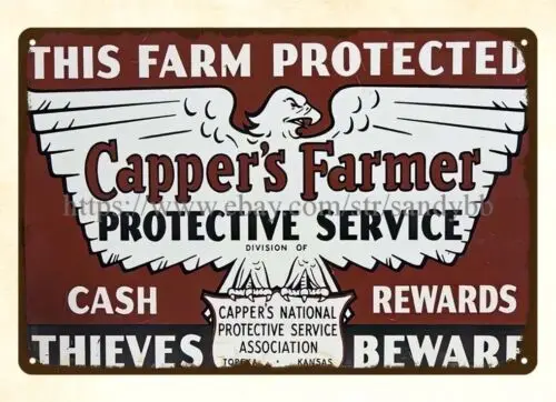 Capper's Farmer Protective Service thieves beware metal tin sign brewery bar