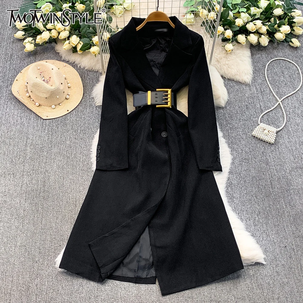 

TWOTWINSTYLE British Style Vintage Solid Jackets For Women V Neck Long Sleeve Spliced Belt Chic Trench Coat Female New KJA553356