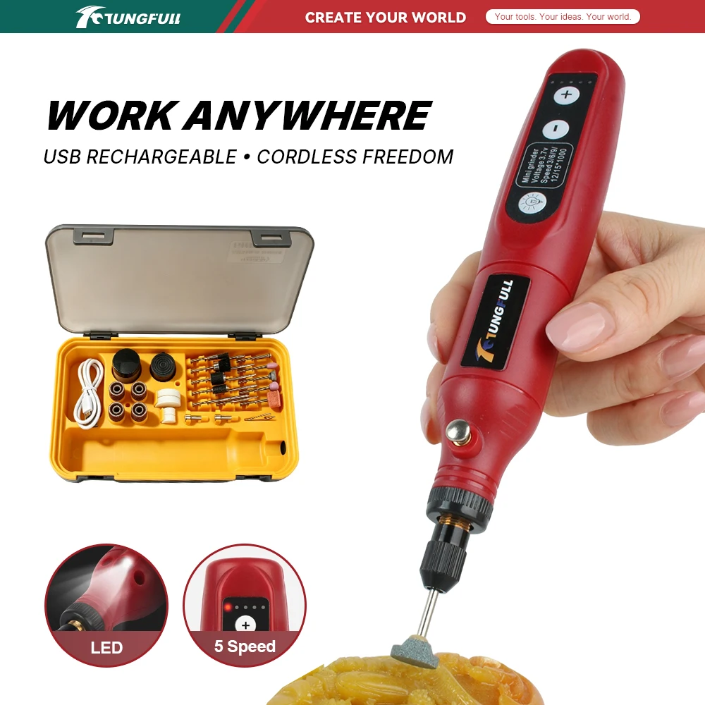 USB-Rechargeable Cordless Mini Rotary Tool with 5-Speed LED Light Mini Grinder Pen for Polishing, Engraving, and Drilling DIY
