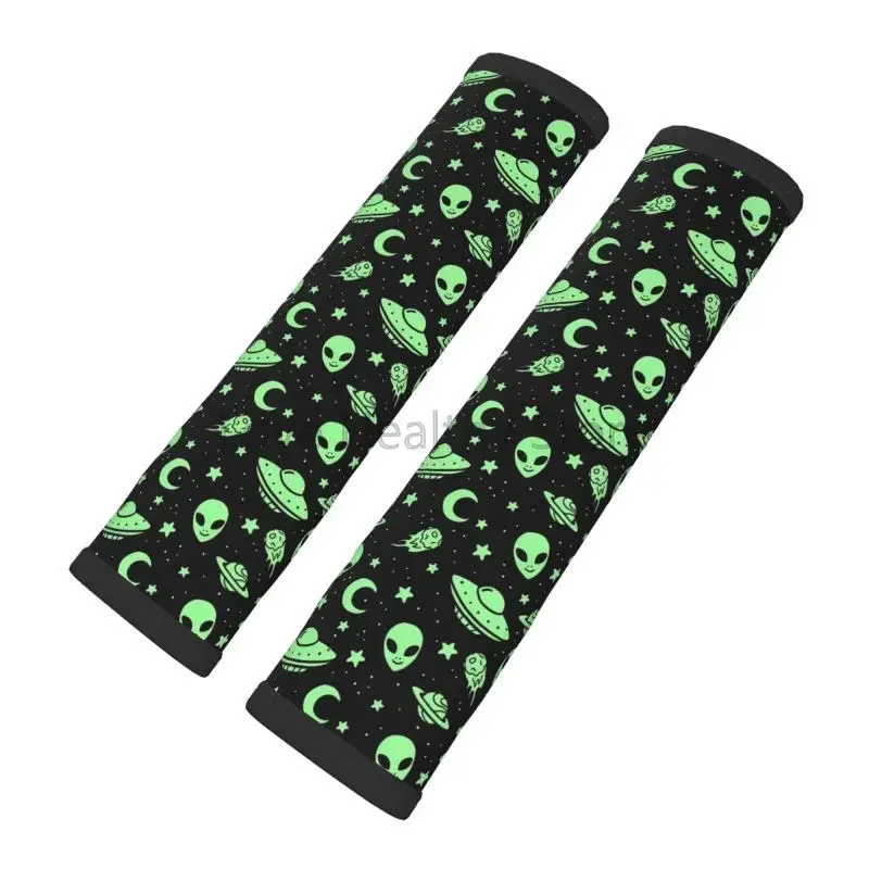 Green Alien Moon UFO Car Seat Belt Covers Safety Soft Comfortable Shoulder Strap Pads Universal Auto Accessories Pack of 2