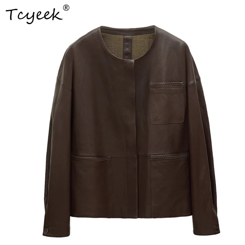 เสื้อแจ็คเก็ตหนังแท้ผู้หญิง แบรนด์ Tcyeek หนังแกะ สปริง/ออทัมน์ คุณภาพสูง คอกลม สไตล์เรโทร สีน้ำตาลกาแฟ