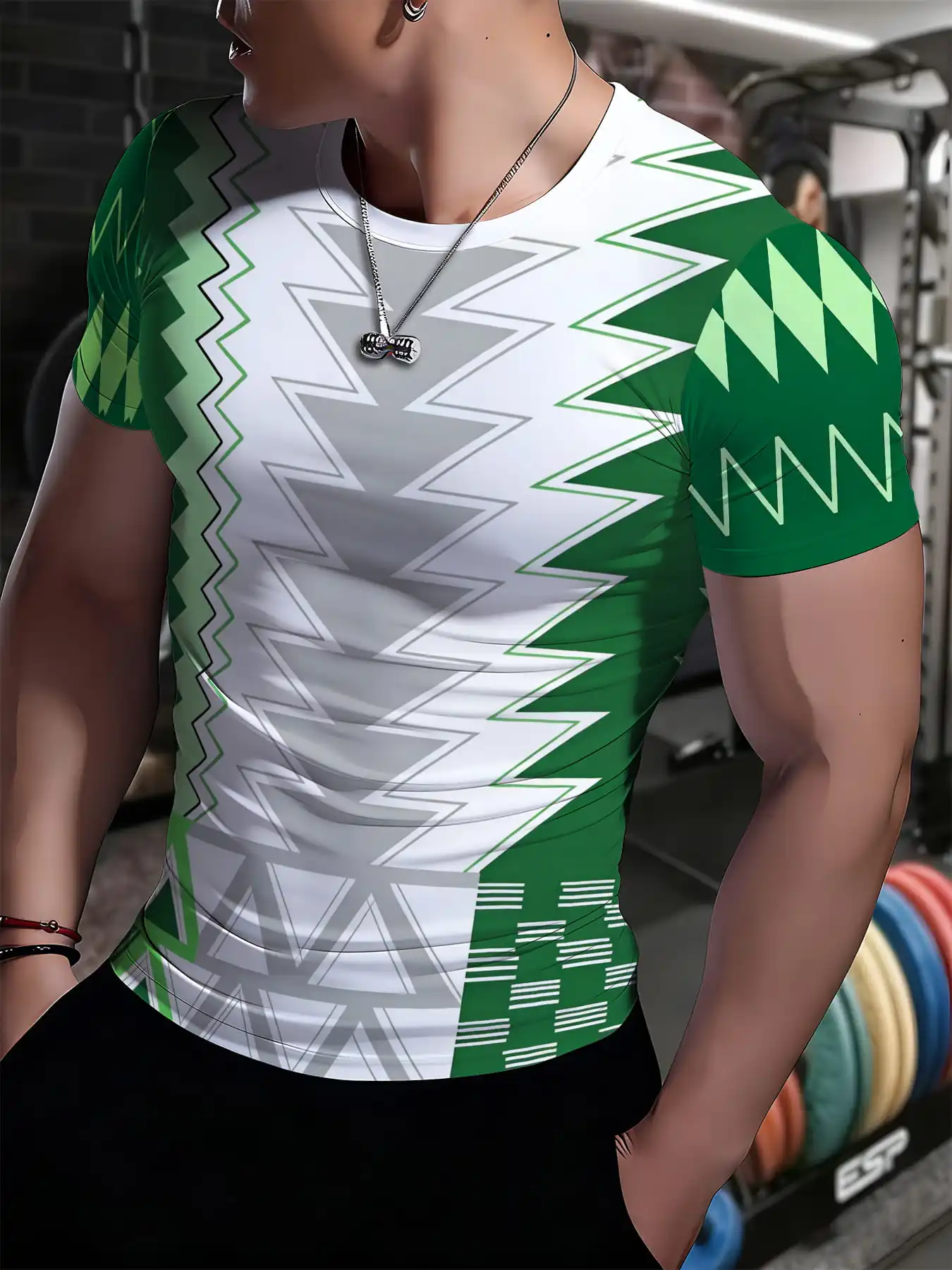 Men Quick Dry Compression Tee, Elastic Breathable Short Sleeve, Green White Chevron Geometric Print