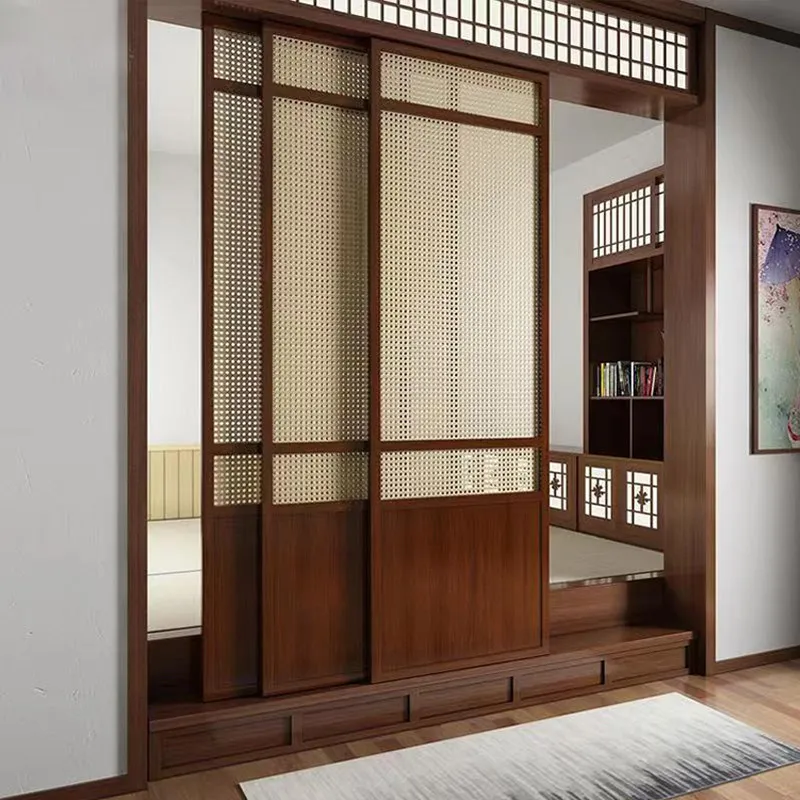 

Rattan solid wood folding door partition sliding Chinese bedroom room doors and windows