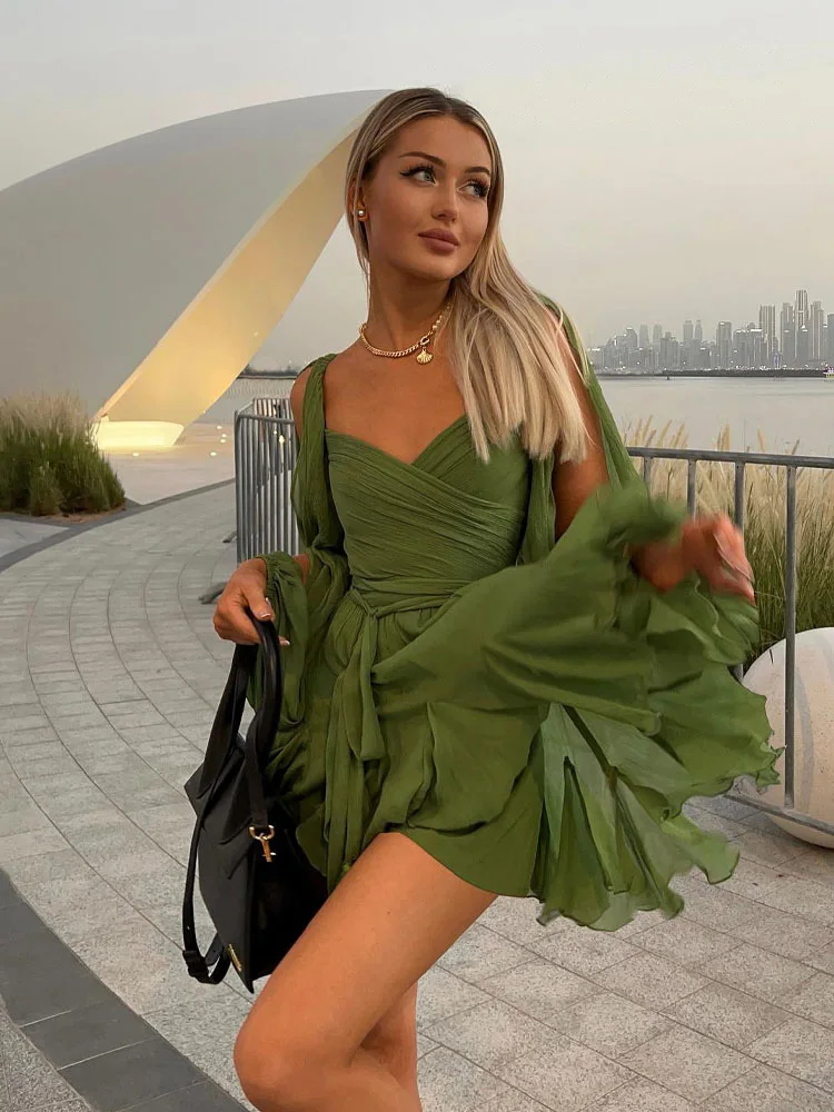 HH Female Chic Summer Chiffon Cut Out Backless Lace Up Mini Dress Woman Elegant Long Sleeve  Beach Vacation Dresses Mujer