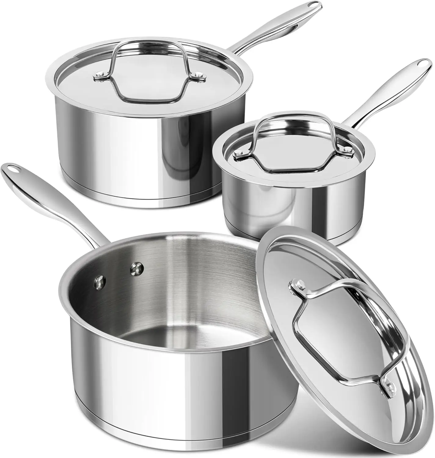 

Stainless Steel Saucepan Set with Lids, Tri-Ply Bottom, 1QT 2QT 3QT Nonstick Dishwasher Safe
