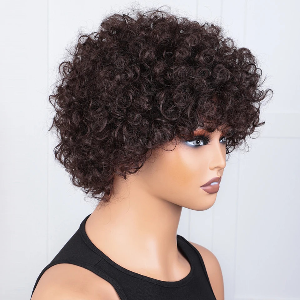 Short Brown Human Hair Wigs Bob Pixie Cut Afro Kinky Brazilian Hair for Black Women Machine Made With Bang Cheap Wig