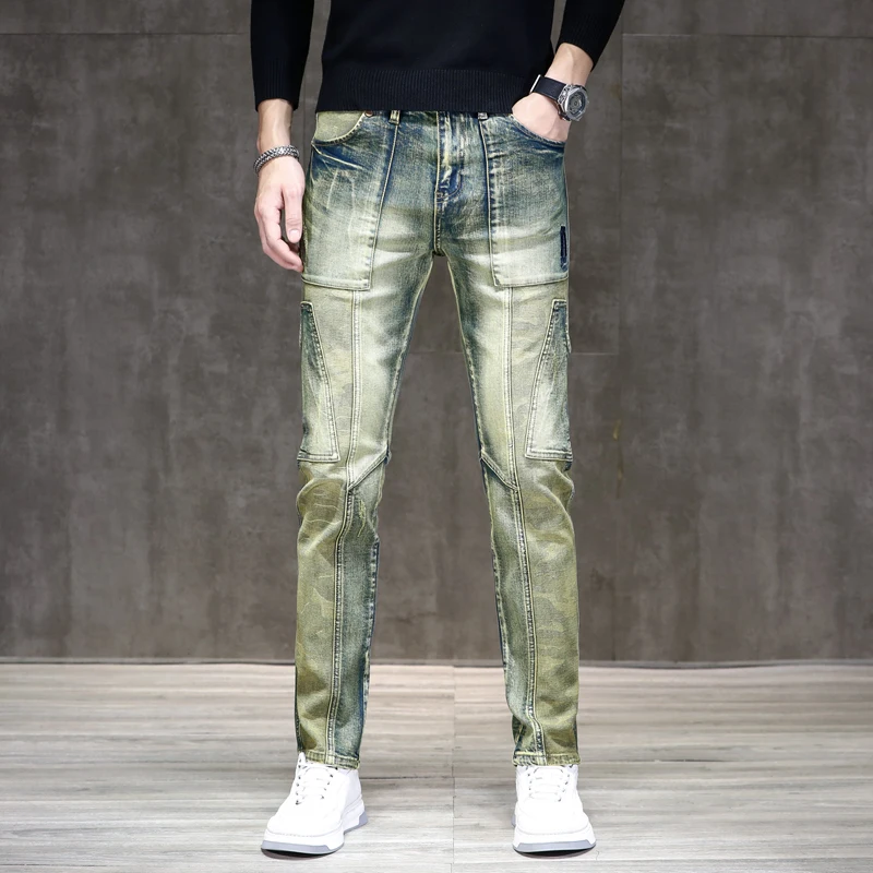 Retro Distressed Motorrad Jeans Herren High-End kleine gerade Mode All-Match schlanke Stretch lässige Straßen hose