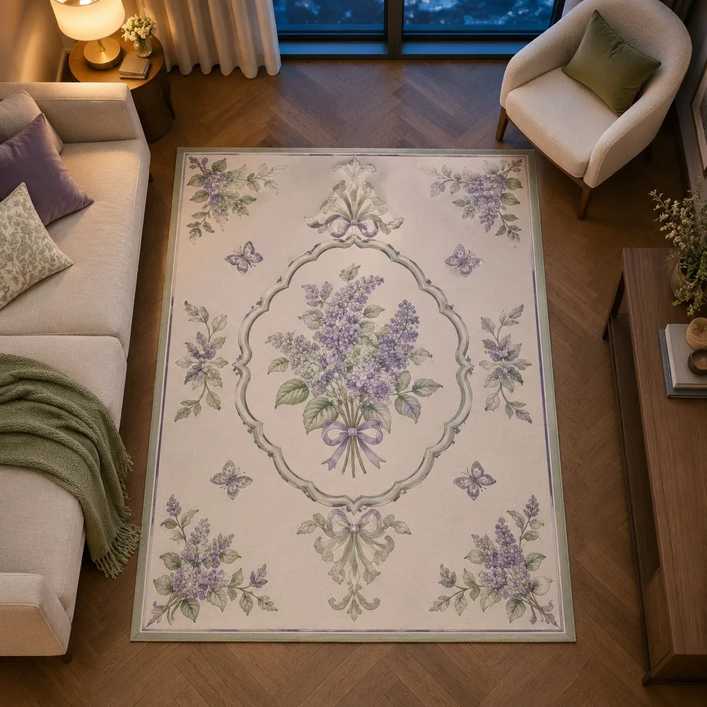 VIKAMA Carpet Rug Off White Lilac Butterfly Lilac Spring Fluffy Foldable Coffee Table Living Room Entryway Sofa Room Decor