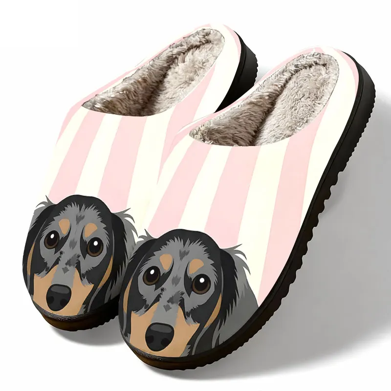 Dachshund Dog Pink Stripe Print Women's Winter Warm Plush Slippers Fuzzy Fleece House Slippers Indoor Shoes view 2