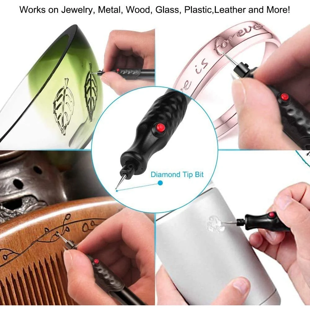 Electric Miniature Engraving Pen Engraving Tool Belt 5 Interchangeable Diamond Tip for DIY Jewelry Making Metal Glass