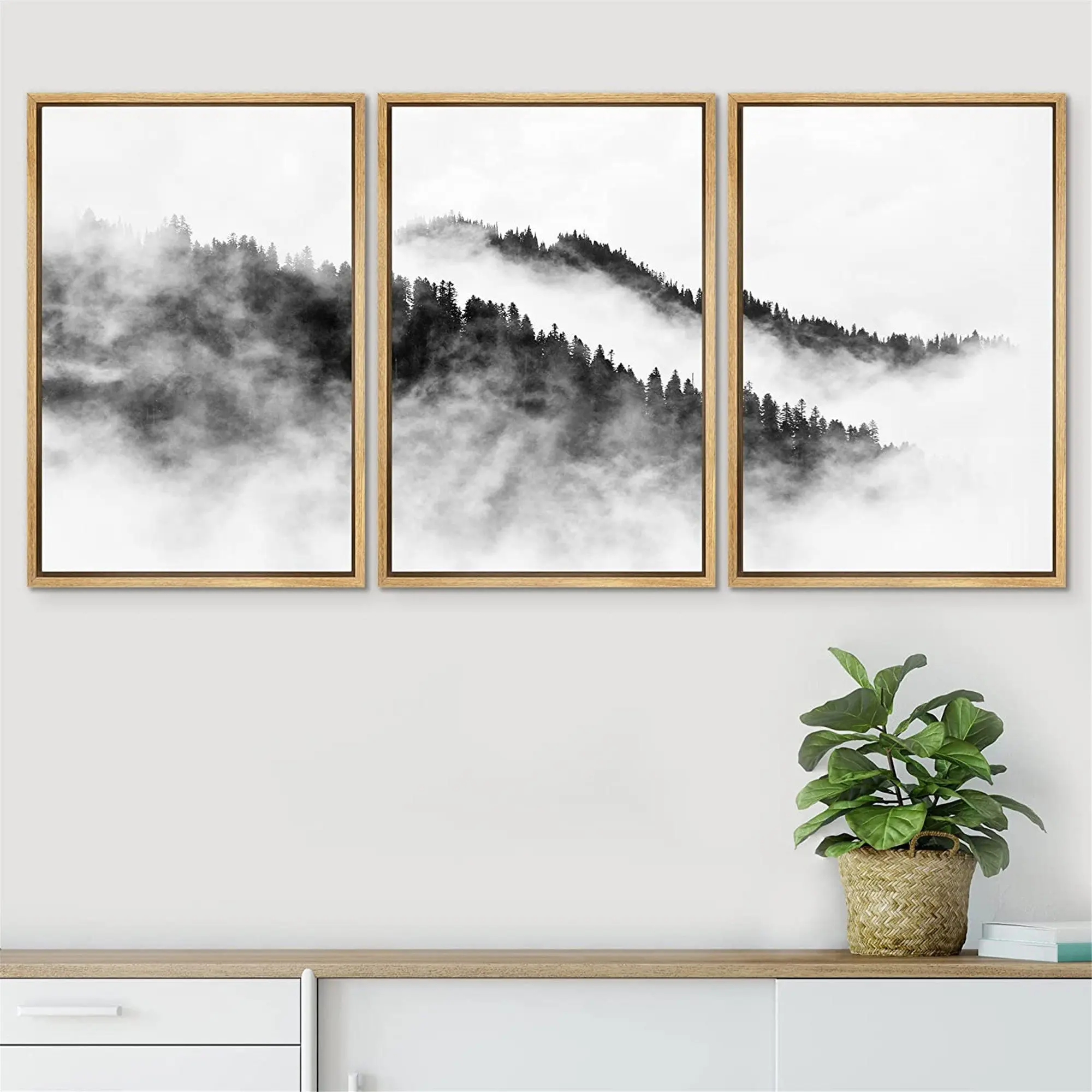 3Pcs frameless  Black White Misty Forest Mountain Canvas Wall Art Foggy Woodland Landscape Prints for Living Room Decor
