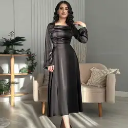 Customized A-Line Satin Square Neck Party Gown Long Sleeved Draped Back Zipper Lace-up Women‘s Beautiful Tea-Length Prom Evening