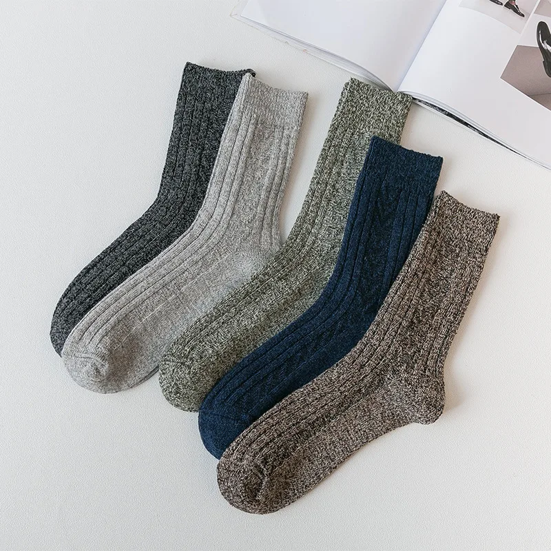 

5 Pairs Of Men'S Knitted Cotton Warm Casual Rabbit Wool Winter Socks Christmas Gift Thickened Thermal Middle Tube Crew Stocking