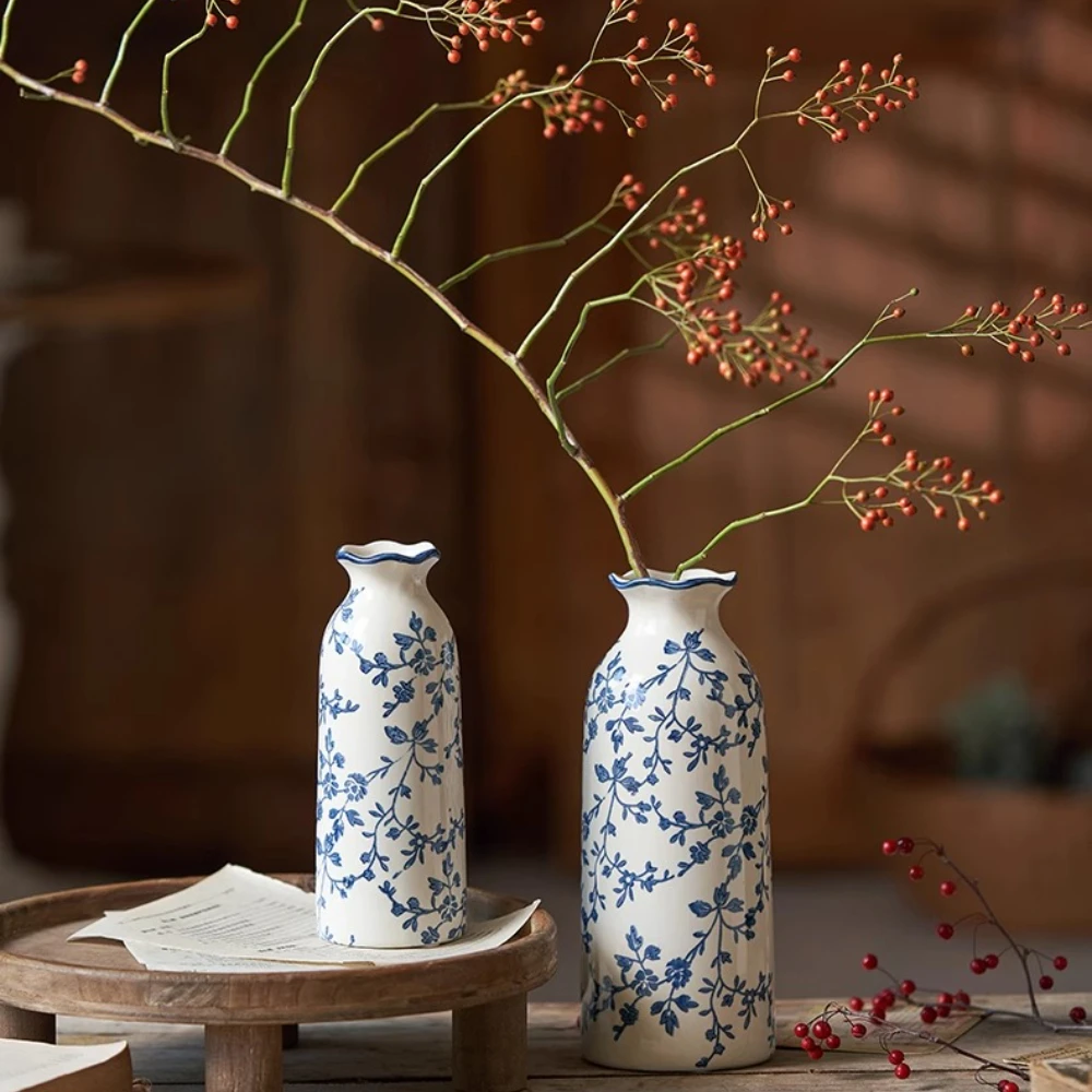 Vintage Ceramics Vases Ornaments Blue and White Porcelain Living