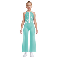 Kids Girls Jazz Dance Bodysuit Shimmery Rhinestone Sleeveless Sides Split Wide-Leg Jumpsuit with Built-in Briefs Jazz Leotard