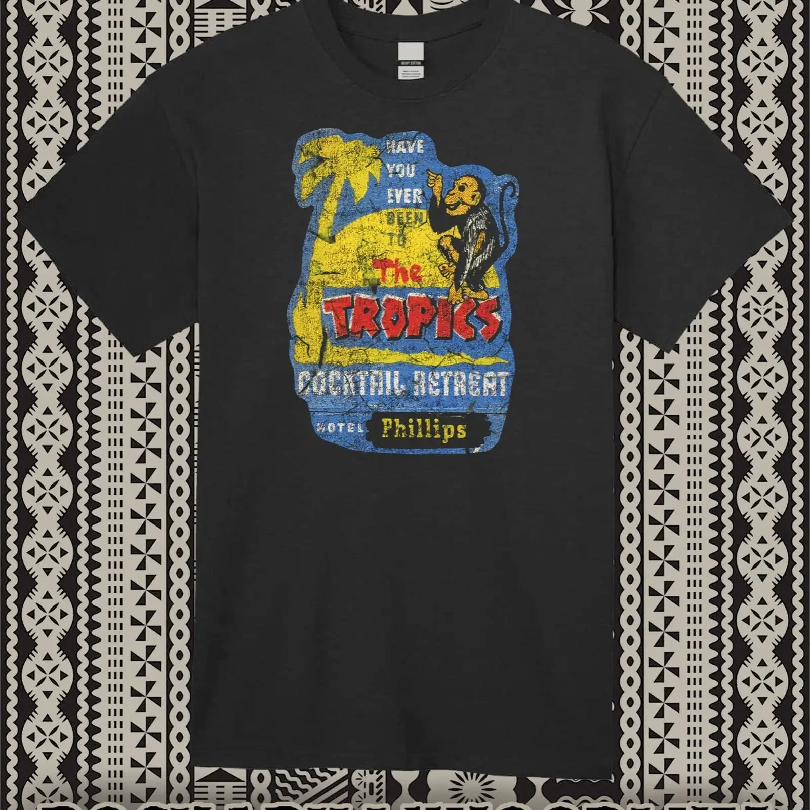 Retro Tiki Art T Shirt Mug Bar Restaurant The Tropics Hotel Phillip Monkey vintage Washed Soft Stylish Stretched Unisex Casual