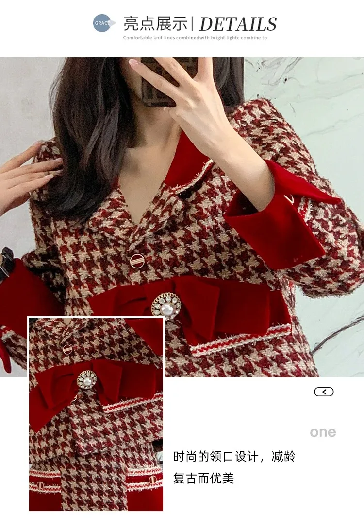 Houndstooth French Sweet Fall Winter Pink Tweed Two Piece Set Women O Neck Bowknot Single Breasted Short Coat + Mini Skirt Suit