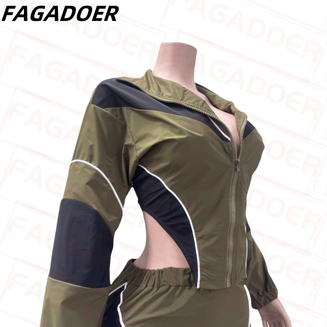 FAGADOER Color Block Two Piece Set For Women Casual Zip Lantern Sleeve Irregular Crop Jacket + High Waist Skirts Suit Streetwear