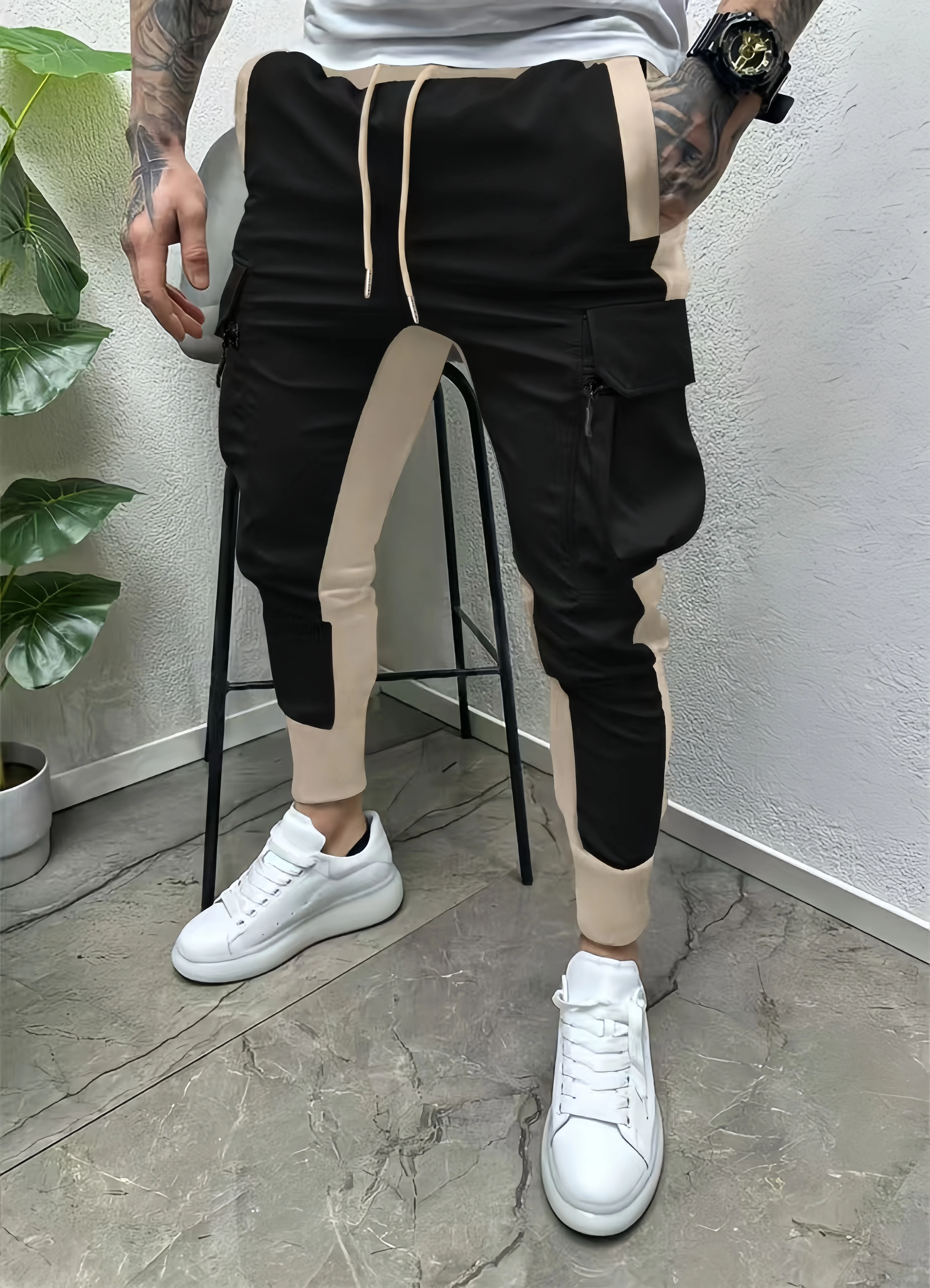 Men's color-matching zippered large pocket casual pants