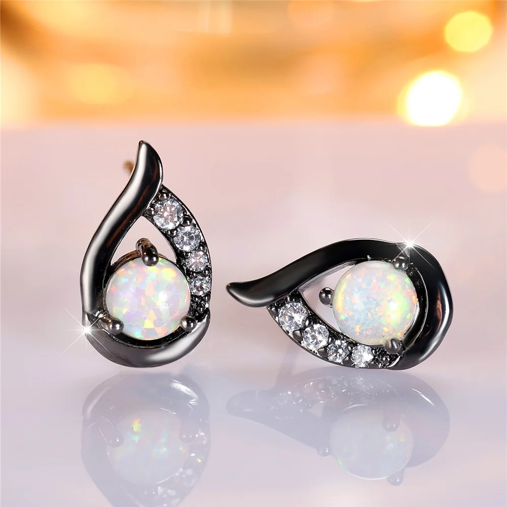 Cute Female Crystal White Fire Opal Stone Round Angel Wing Stud Earrings Black Gold Color Wedding Jewelry For Women