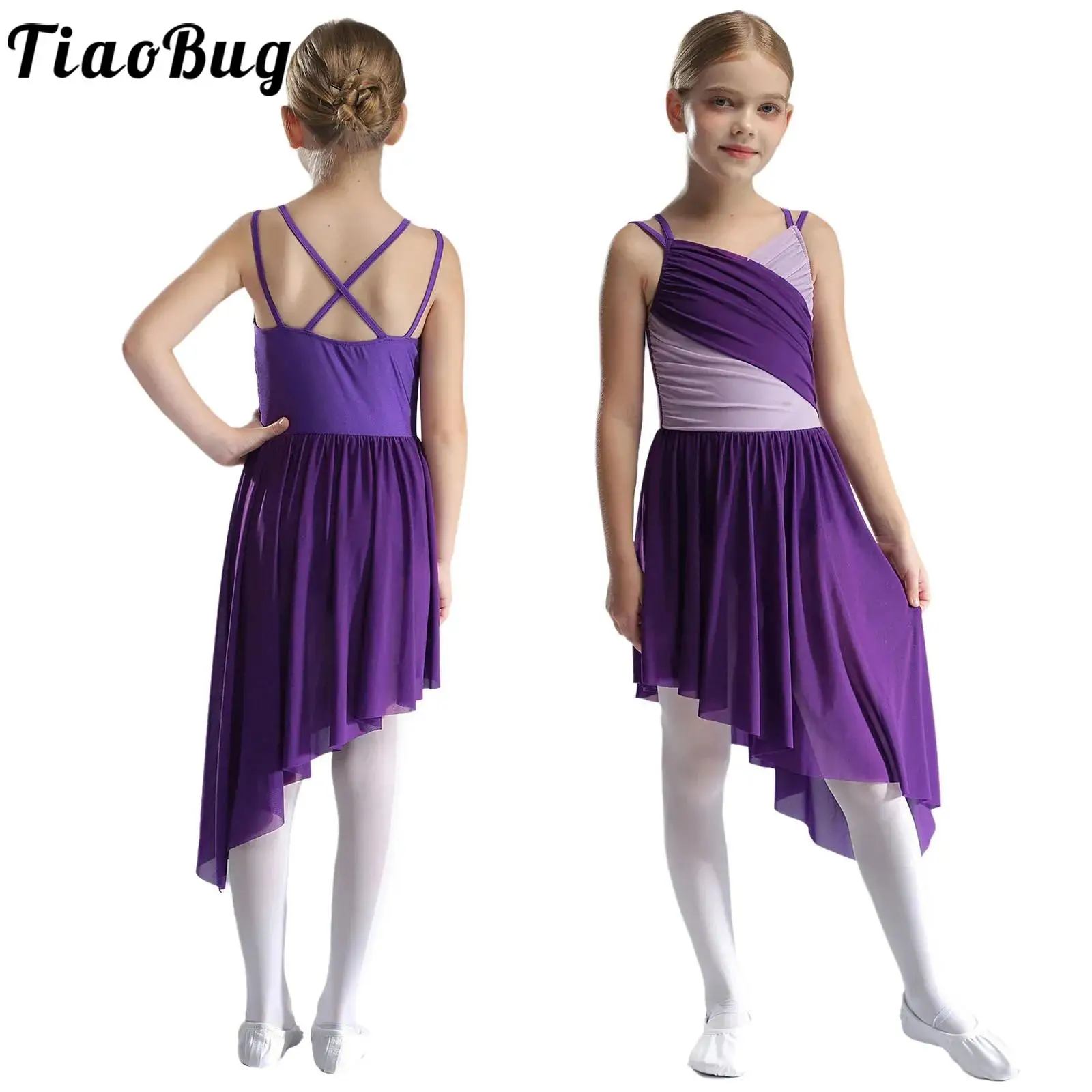 

Kids Girls Ballet Lyrical Modern Dance Costume Mesh Wrap Front Asymmetrical Dance Dress Skating Gymnastics Leotard Dancewear