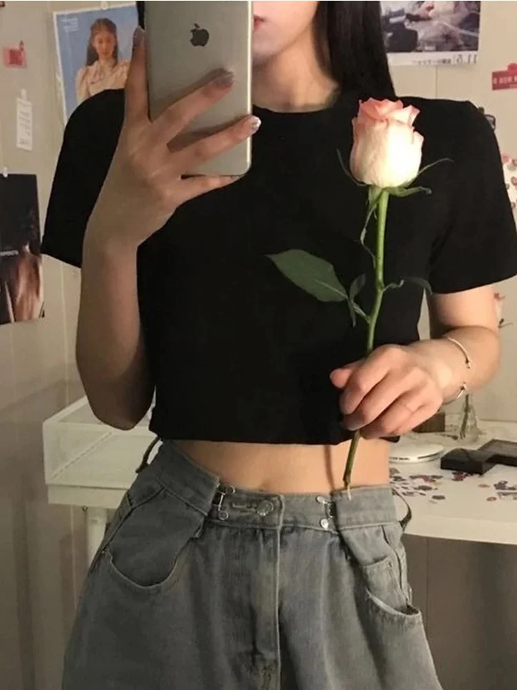 Cropped Basic T-shirt for Women, Cropped Tops, Sexy Minimalist, Slim, Casual Fashion, Preppy Chic, Style Streetwear,Popular