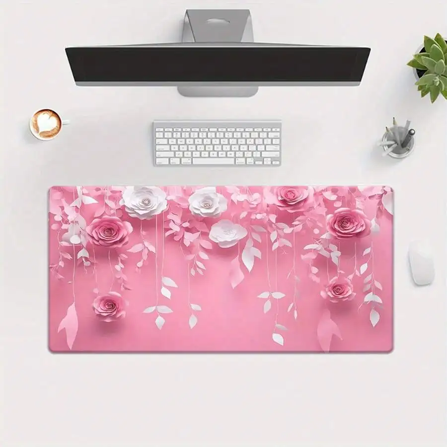 Pink Rose Floral Desk Pad XXL Non-Slip Mouse Pad For Office Gaming