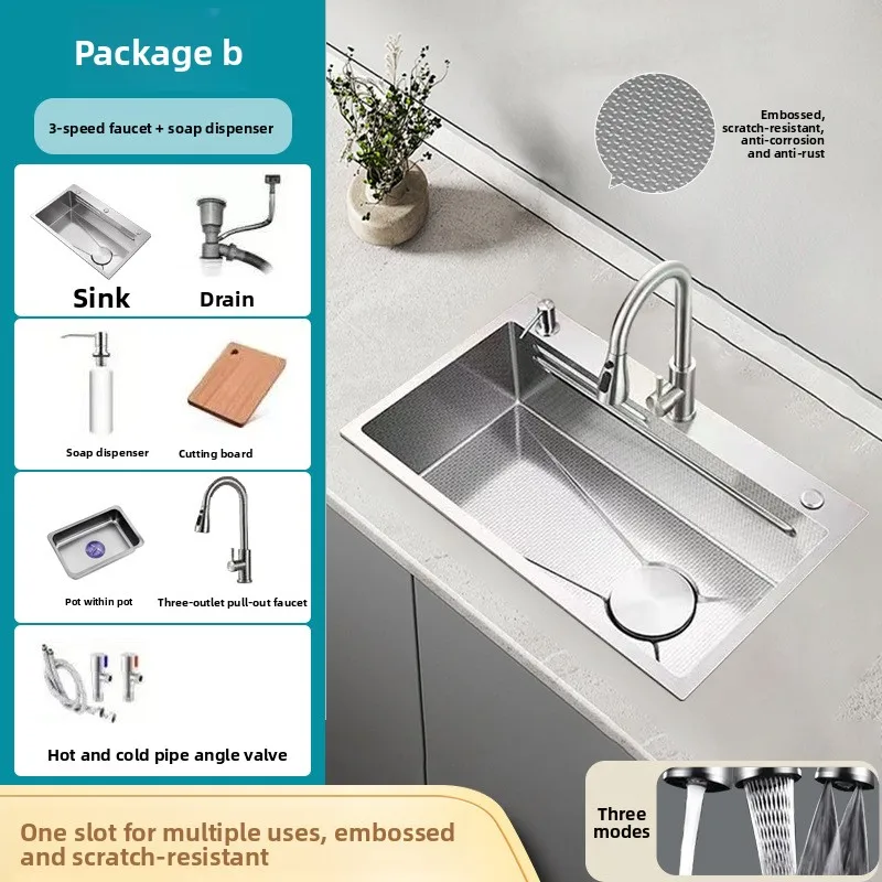 304 Stainless Steel Kitchen Sink Silver Embossed Large Single Slot Home Improvement Multifunction Wash Basin for Kitchen
