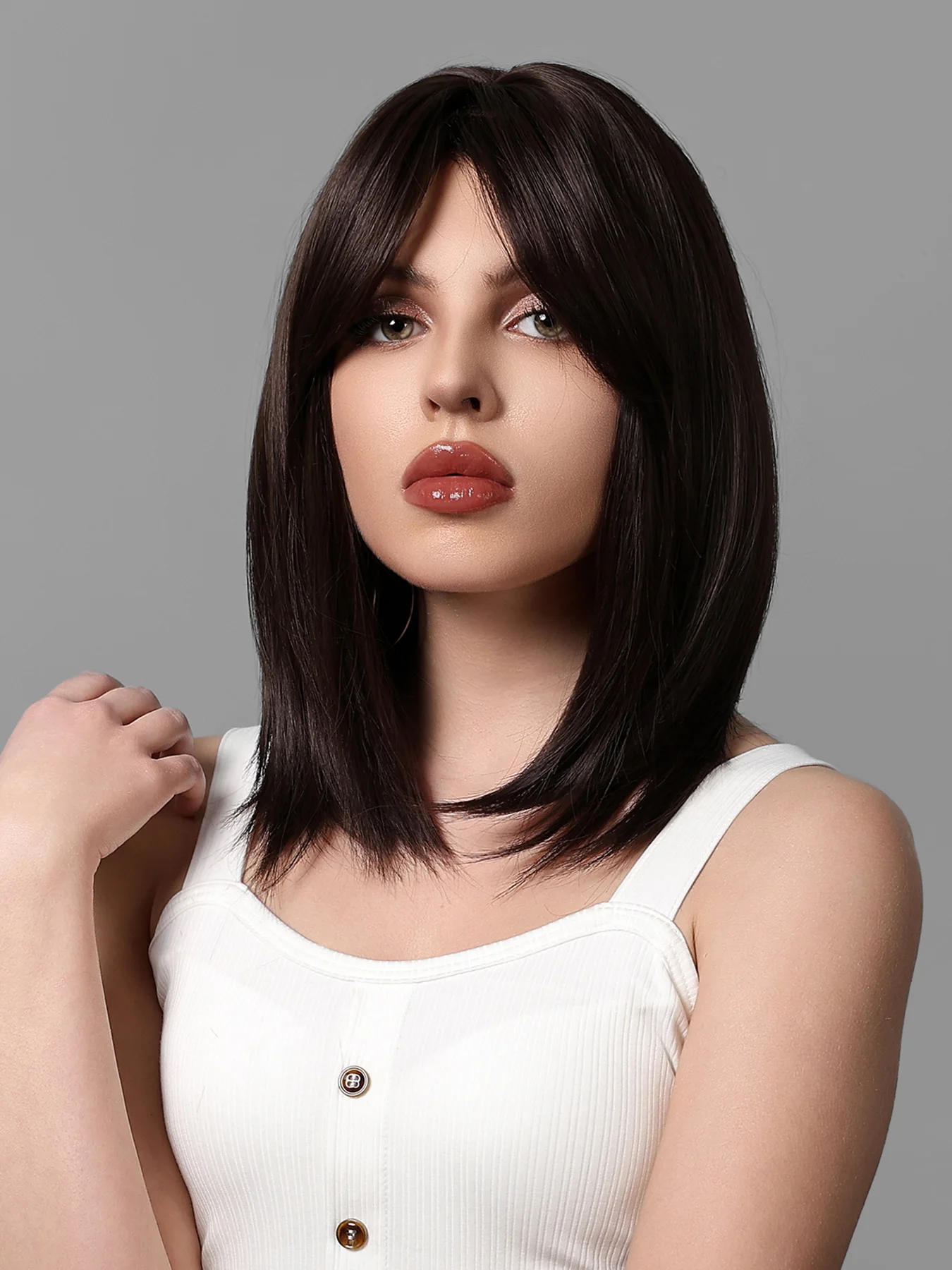 Dark Brown Synthetic Bob Wig with Bangs Short Straight Silky Daily Use Wigs for White Women Cosplay Party Heat Resistant Hair