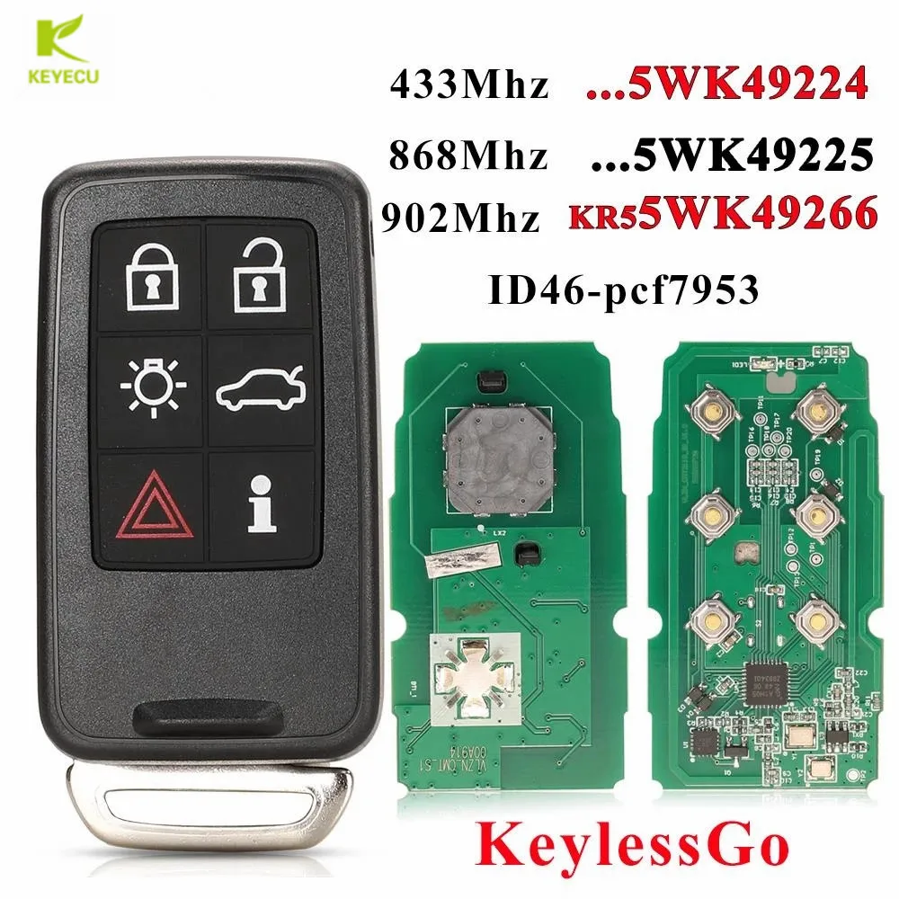 

KEYECU Replacement Smart Keyless Remote Key 6Button 434/868/902 MHz for VOLVO S60 S80 V40 V60 V70 XC60 XC70 2007-2016 5WK49224