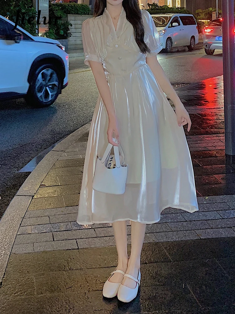 

Jielur Summer New Solid Color Slim Women's Dress Sweet Elegant Chiffon Dress Woman Chic Off White Pink Puff Sleeve Dress Female