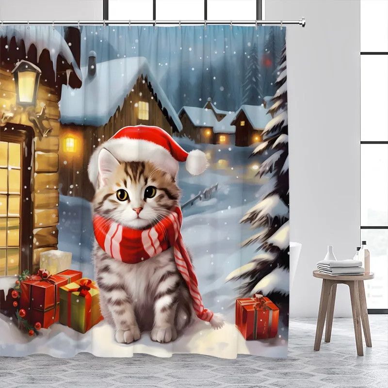 Funny Cat Dog Christmas Shower Curtains Red Farm Truck Animals Pet Xmas Tree Winter Forest Landscape Bathroom Curtain Decor Set