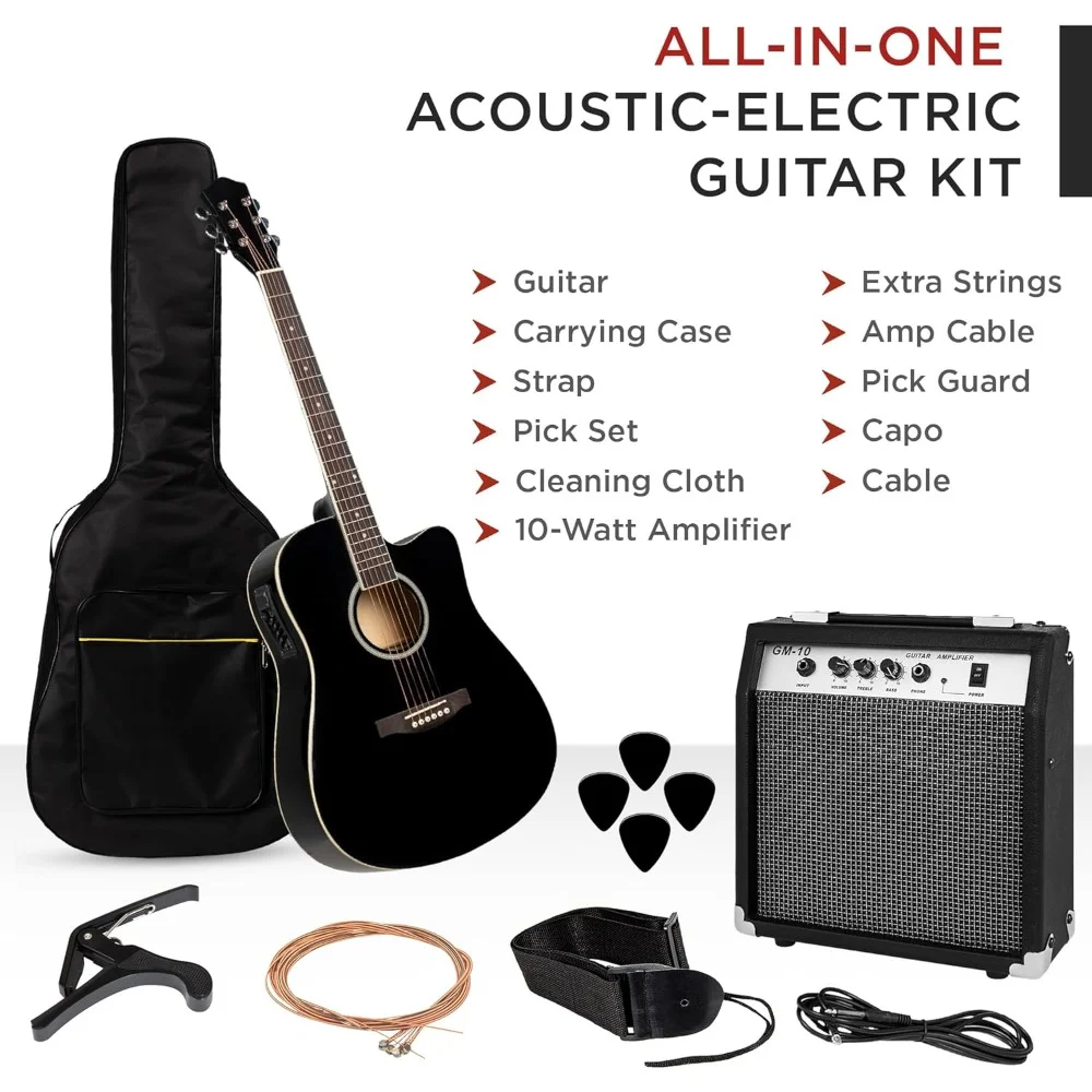 Beginner Acoustic Electric Guitar Starter Set w/ 41in, All Wood Cutaway Design, Case, Strap, Picks - Black Freight free