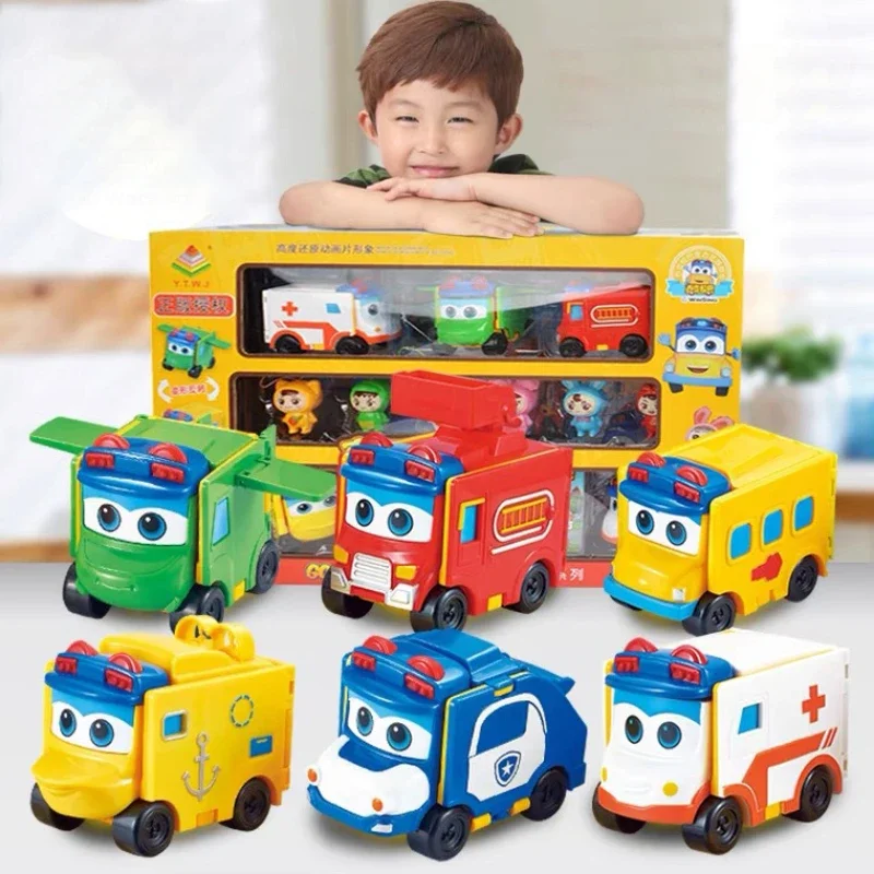 6pcs GoGoBus Action Figure Robot Cars Deformation Transformation Vehicles Anime Cartoon Police Fireman Models Toys Kids Gifts