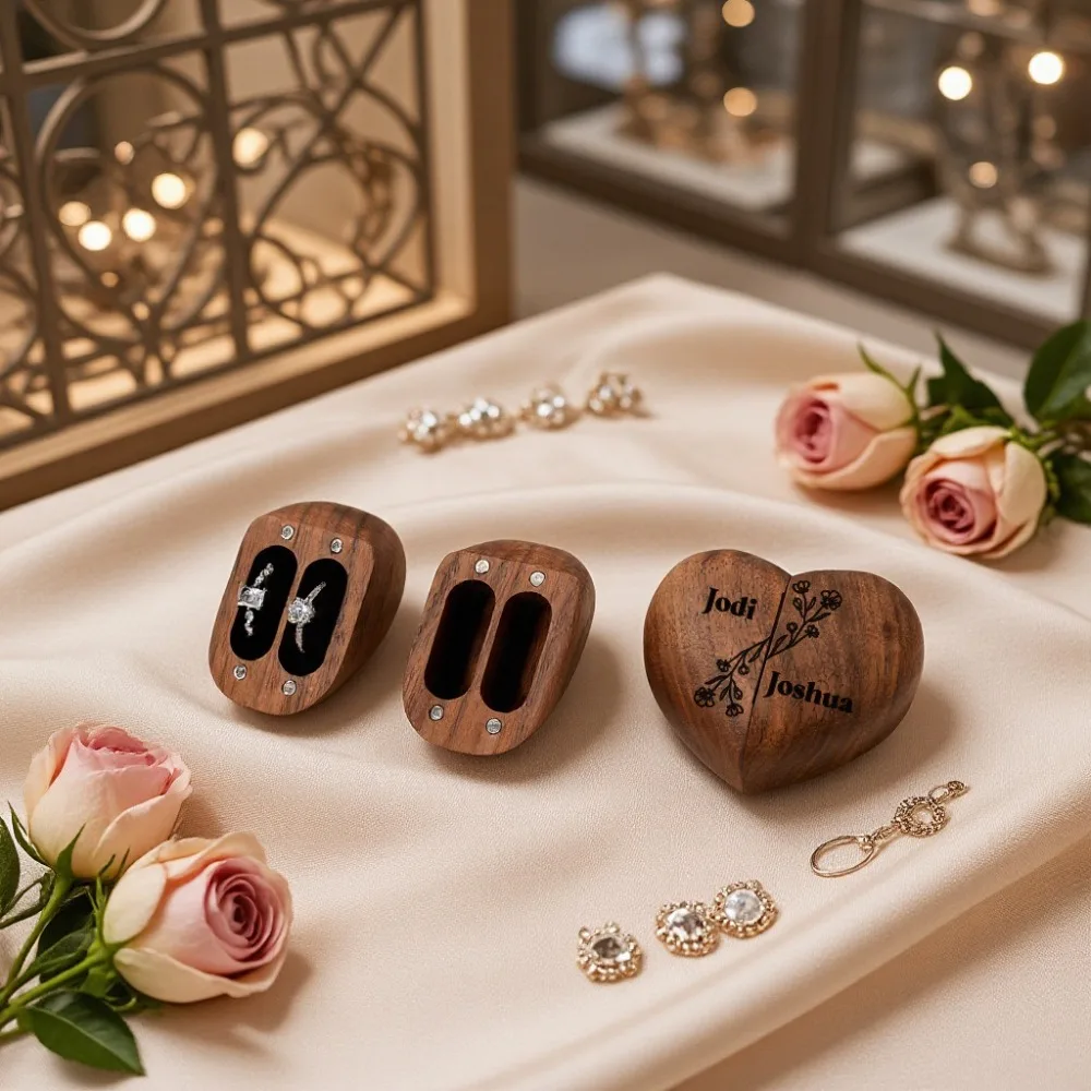 Double Open Heart Shape Ring Display Box Wedding Exchange Magnetic Attraction Retro Ring Box Lover Gift Jewelry Packaging Box
