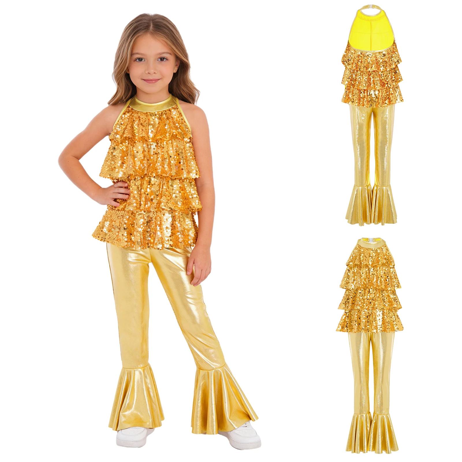 Children Girls Halloween Carnival 70-80s Disco Costume Hip Hop Jazz Dance Jumpsuit Fashion Metallic Shiny Bell-bottom Bodysuit