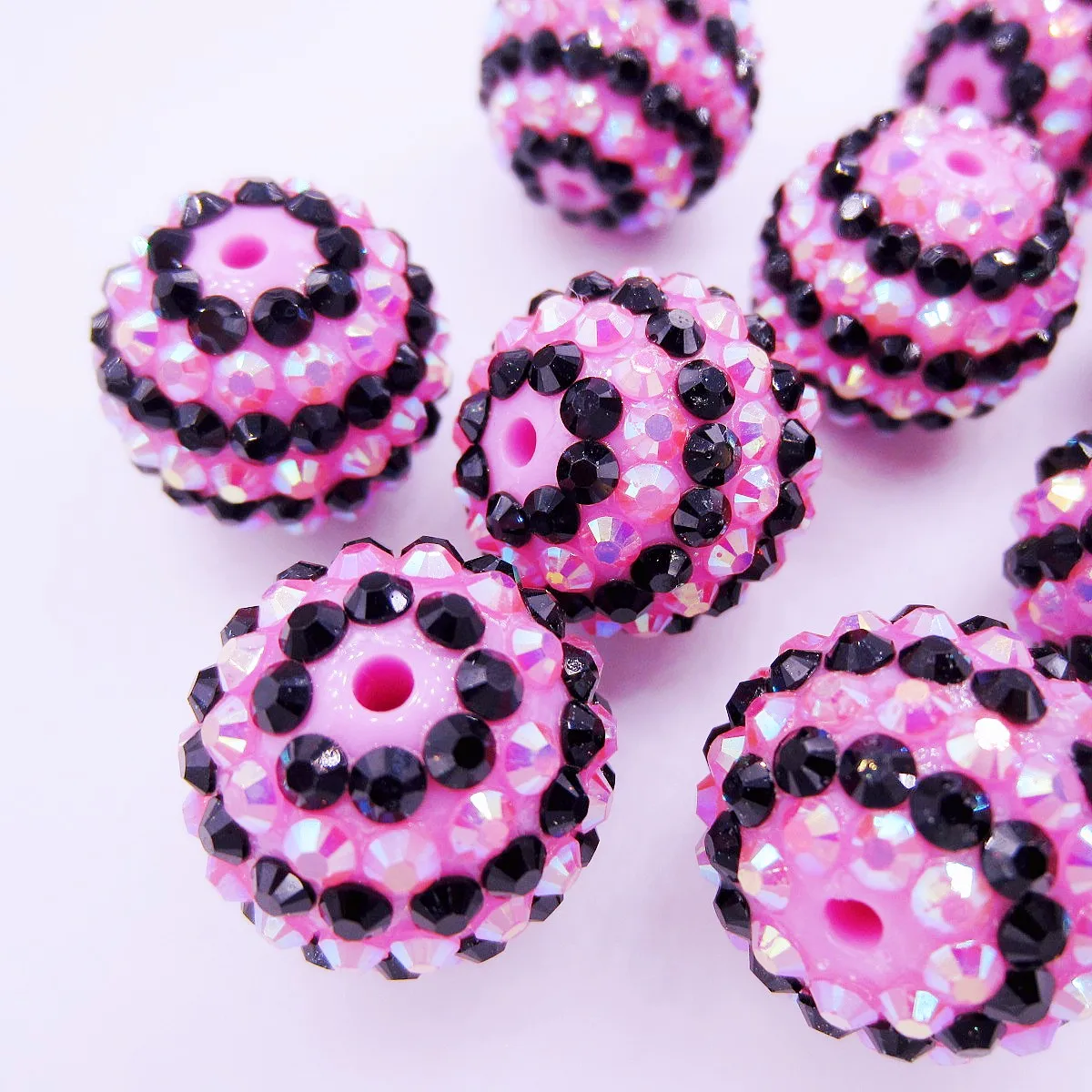 Girls Lovely Pink+Black Alternate Straight Hole Fine Workmanship Bead 20MM Chunky Resin Rhinestone Beads Accessories 50PCS