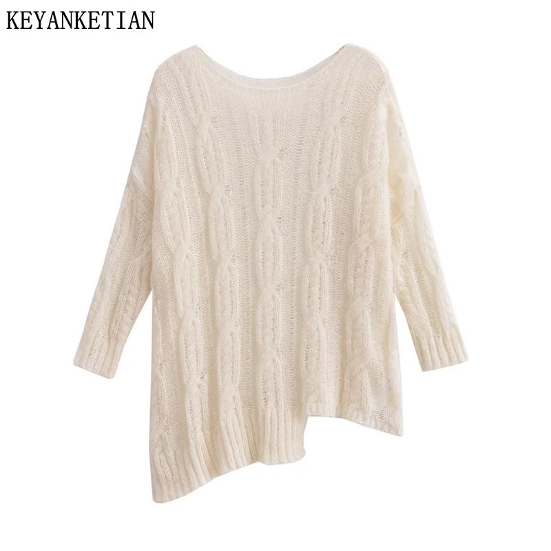 

KEYANKETIAN Autumn/Winter New Asymmetrical Design Women's Sweater Pullover Holiday wind Touch Soft Loose Beige O-Neck Knitwear