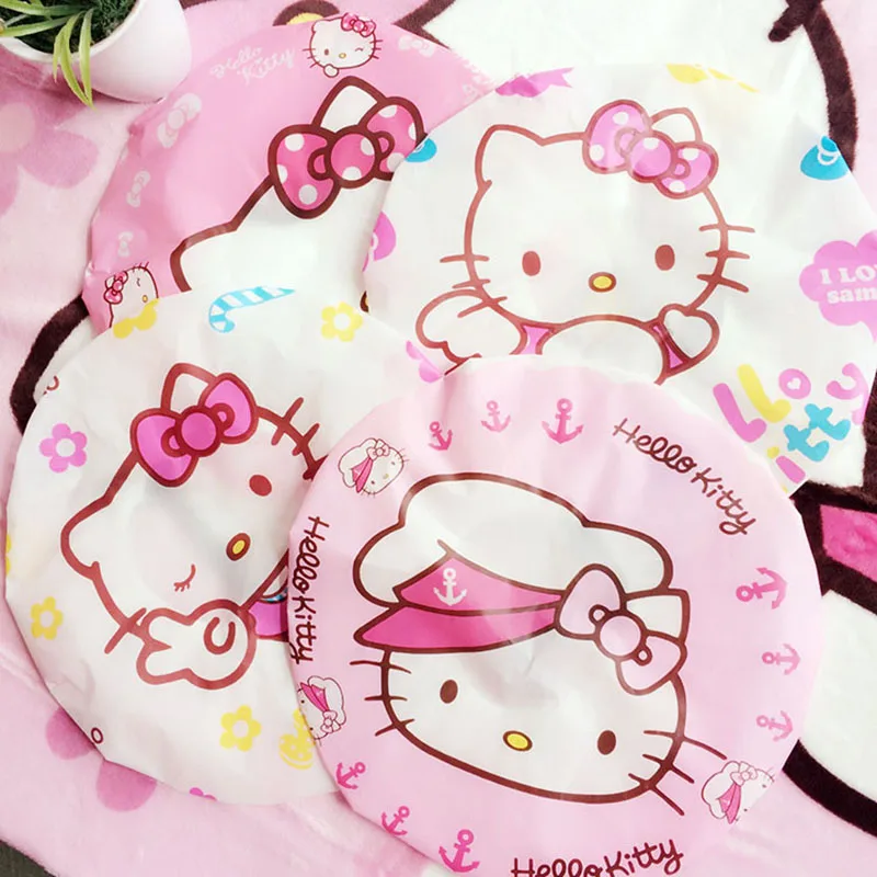 Sanrio Shower Cap Kawaii Hello Kitty Hair Cover Women Adults Portable Waterproof Thickened Bathing Elastic Band Spa Cap KidsGift