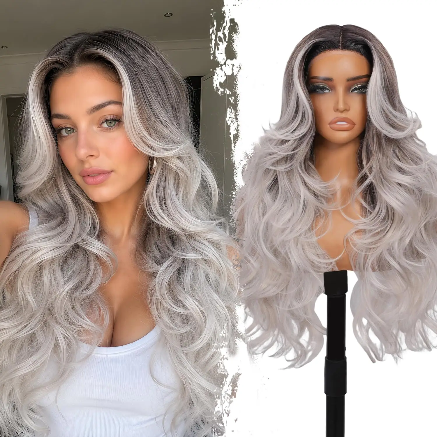 13x4x1 HD Transparent Lace Front Wig 26 Inch Ombre Black Root Silver Grey Long Body Wave Synthetic Wig Pre‑Plucked Hairline Heat