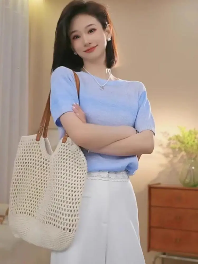 

Korean Style Gradient Color Ice Silk Knitted Shirt Comfortable Short Sleeve Versatile Top for Summer Fashionable Loose Fit