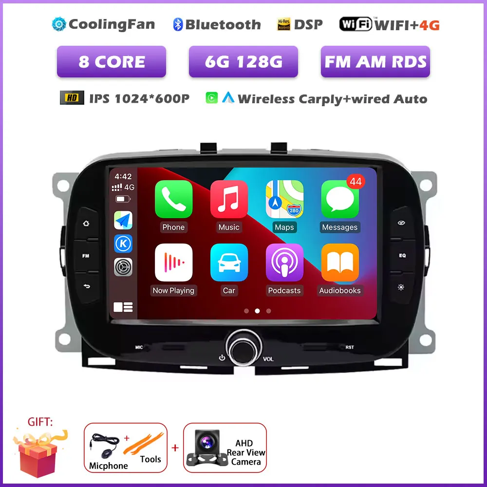Carplay Android 16 Auto autoradio voor Fiat 500 2016-2019 multimediaspeler met BT stereo, GPS navigatie en FM