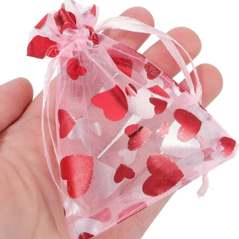 Red Love Heart Organza Bags Wedding Party Gift Candy Drawstring Bag Christmas Valentines Day Jewellery Pouches Display