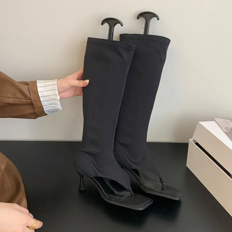 Blue Boots Sexy Thong High Heels Summer Clip Toe Knee High Boots Women Peep Designer Shoes Black Botas Largas De Mujer