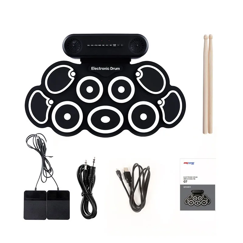 

Электронный барабан, складной силиконовый ручной рулон, USB электронный барабан, портативный тренировочный комплект барабанных подушечек с барабанными палочками, источник питания