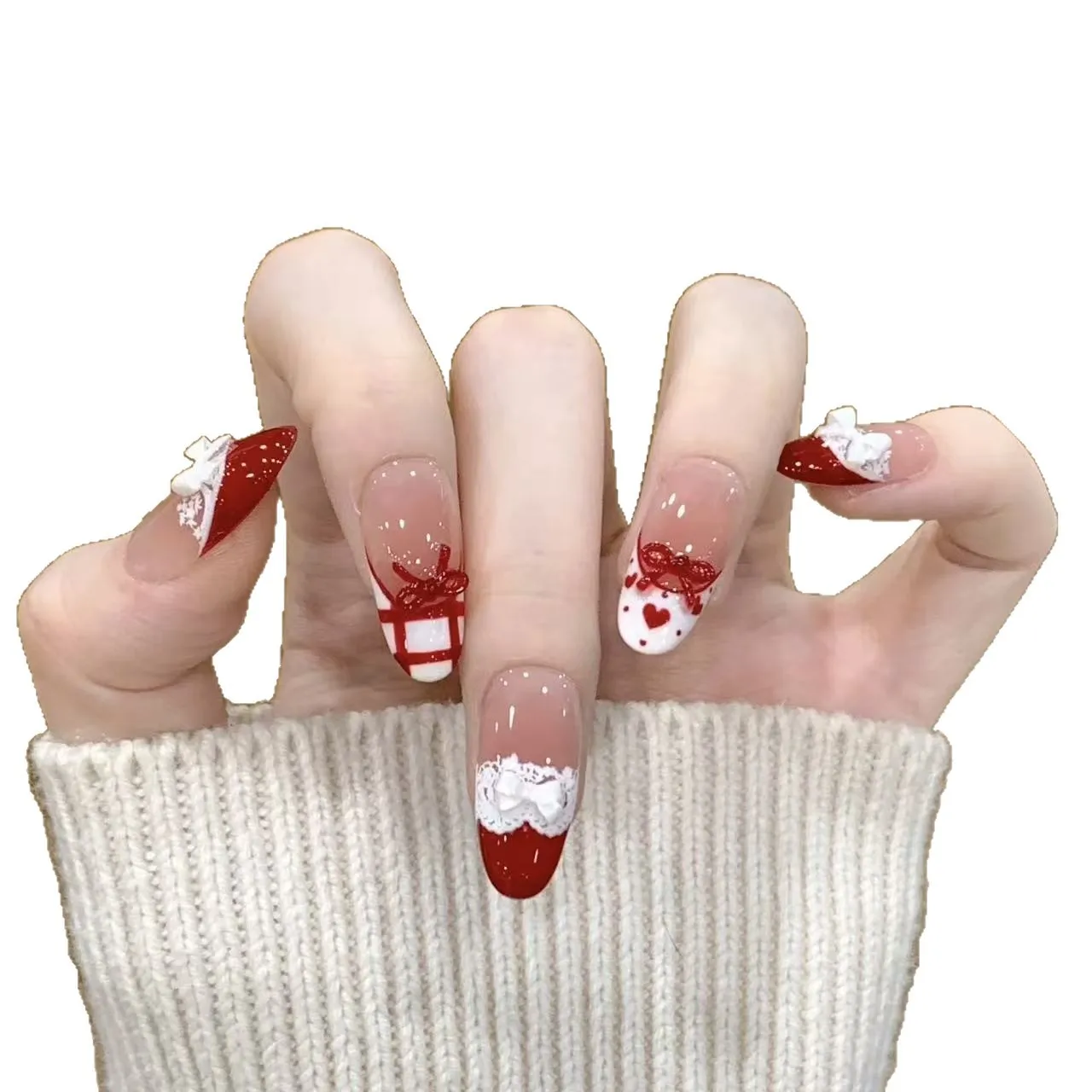 10pcs Handmade Press on Nails Red French Lace Plaid Bow Full Coverage Nail Tips for Women&Girl Detachable Wearable Nail Art