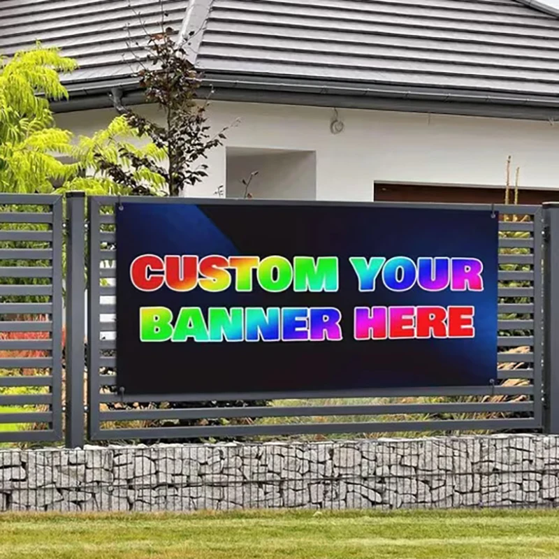 لافتة علم مطبوعة برسومات مخصصة أي نمط غطاء شعار نصي حلقات نحاسية تصميم مجاني لافتة إعلانية خارجية